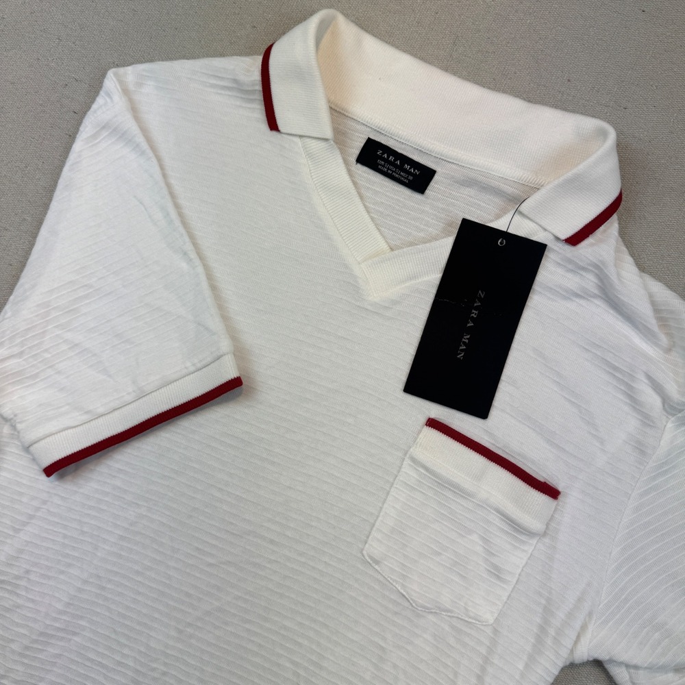 Zara Small Ribbed Polo Shirt Mens White Red Trim V-Neck Textured Pocket 0679/422